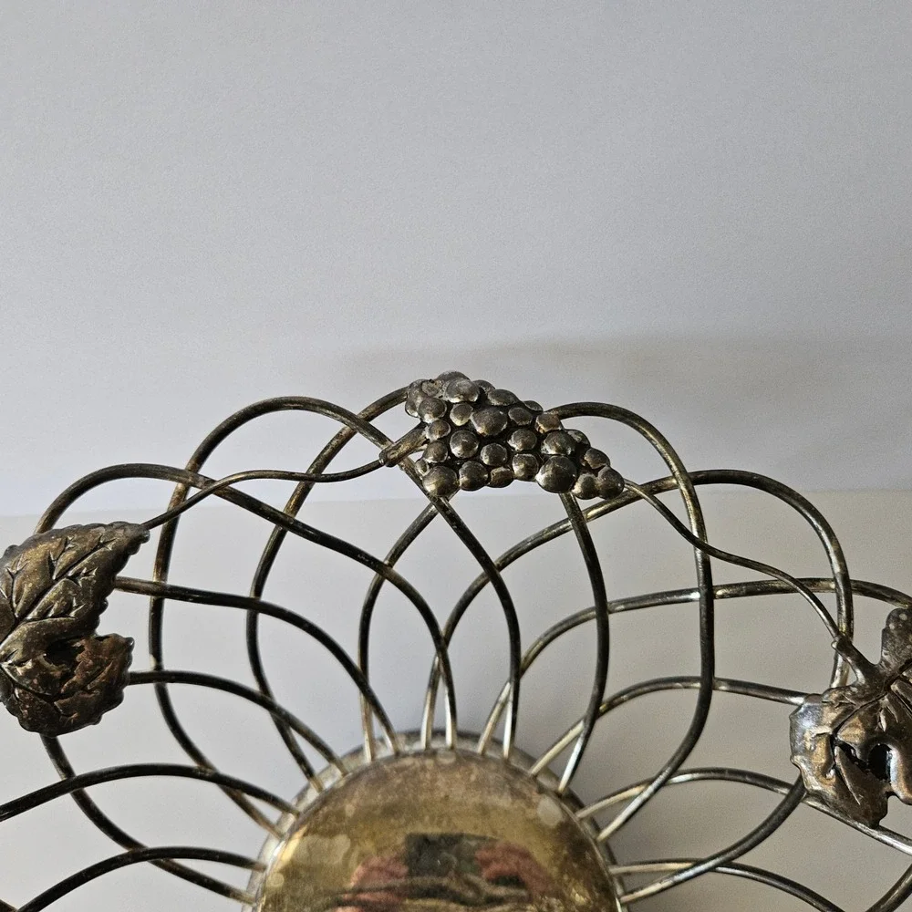 Vtg GODINGER Silver-Plated Wire Grapevine Basket - 12in - Bread Rolls Fruit Leaf